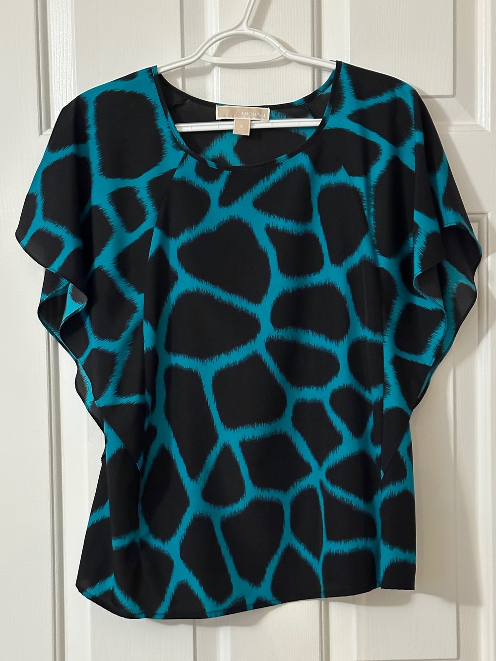 Michael Kors Black and Teal Abstract Flutter-Sleeve Top